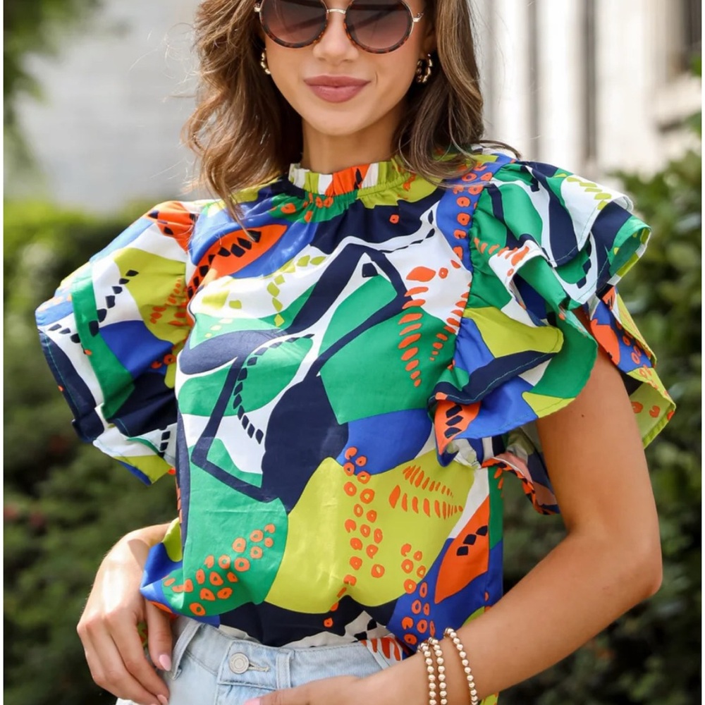 Ces Femme Women’s Colorful Bold Puff Ruffle Sleeve Graphic Blouse Size Small